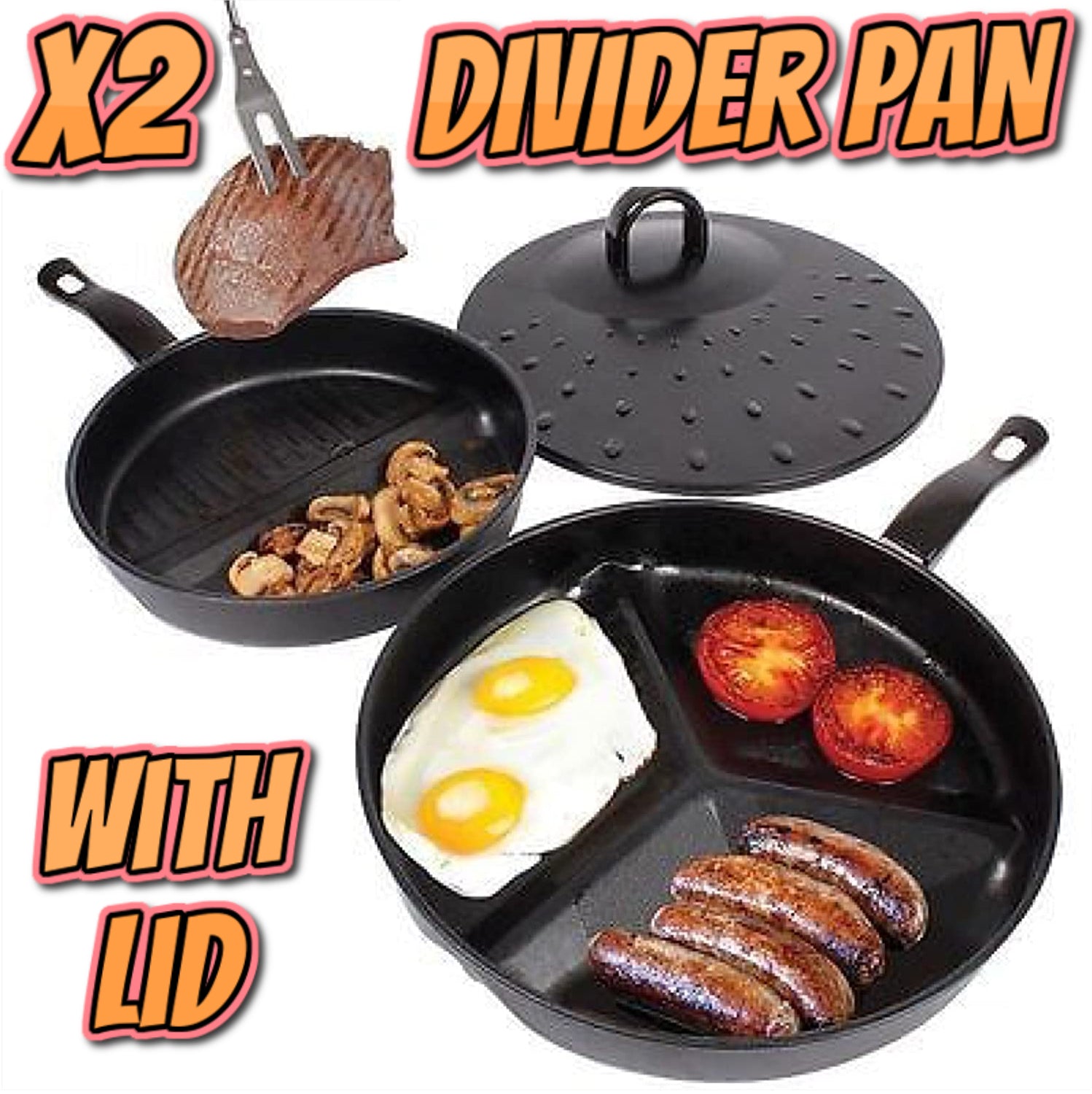 Healthy 3 in 1 Divider Non-Stick Frying Pan Set Breakfast Skillet Divided & Lid Healthy 3 in 1 Divider Non-Stick Frying Pan Set Breakfast Skillet Divided & Lid